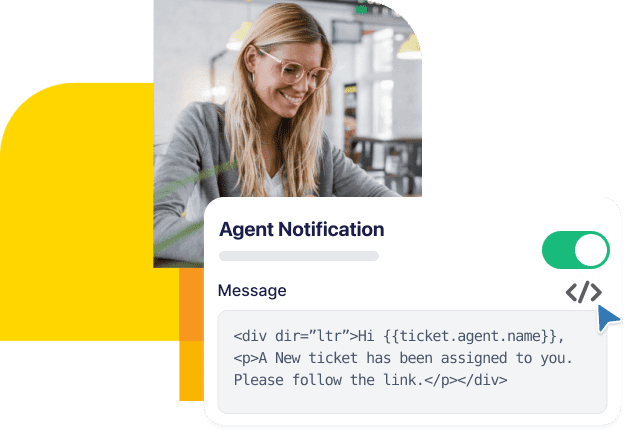 Editor de código HTML para plantilla de notificaciones por correo electrónico en Freshdesk