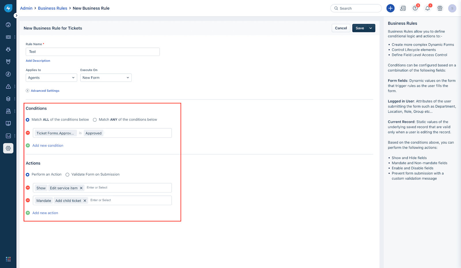 Adición de Condiciones y Acciones en Reglas de Negocio