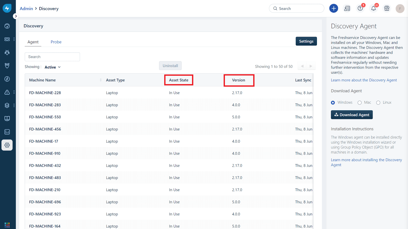 Columnas adicionales en la vista de lista de Discovery Agent