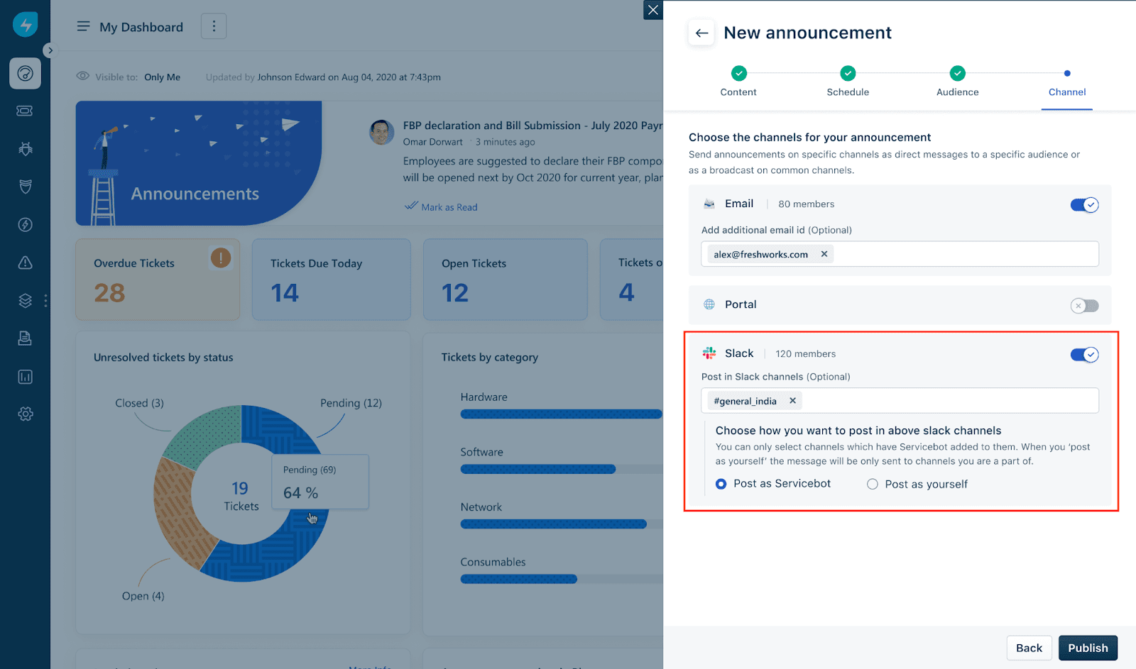 Publicar anuncios en Slack con ServiceBot