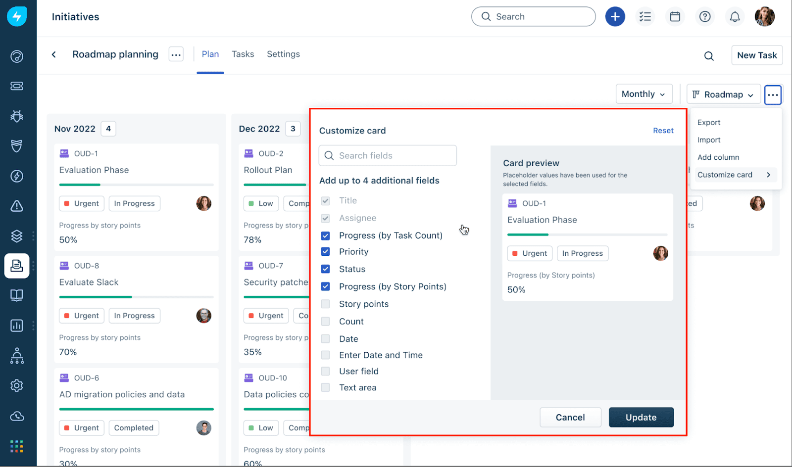 Roadmap view - Personalización de tarjetas