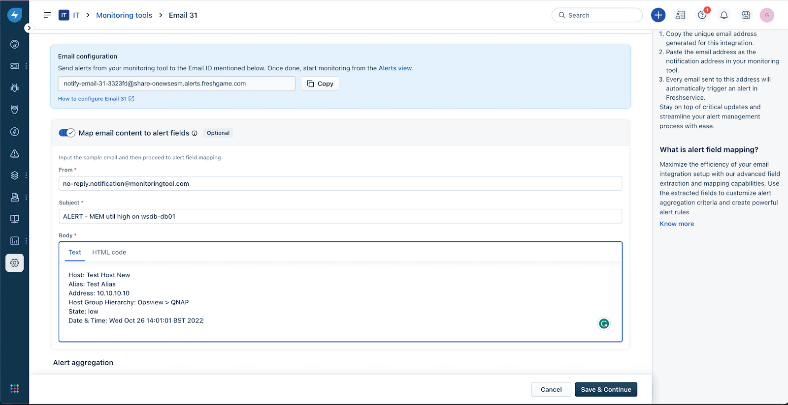 Verificación de regex de la alerta de correo electrónico en Freshservice