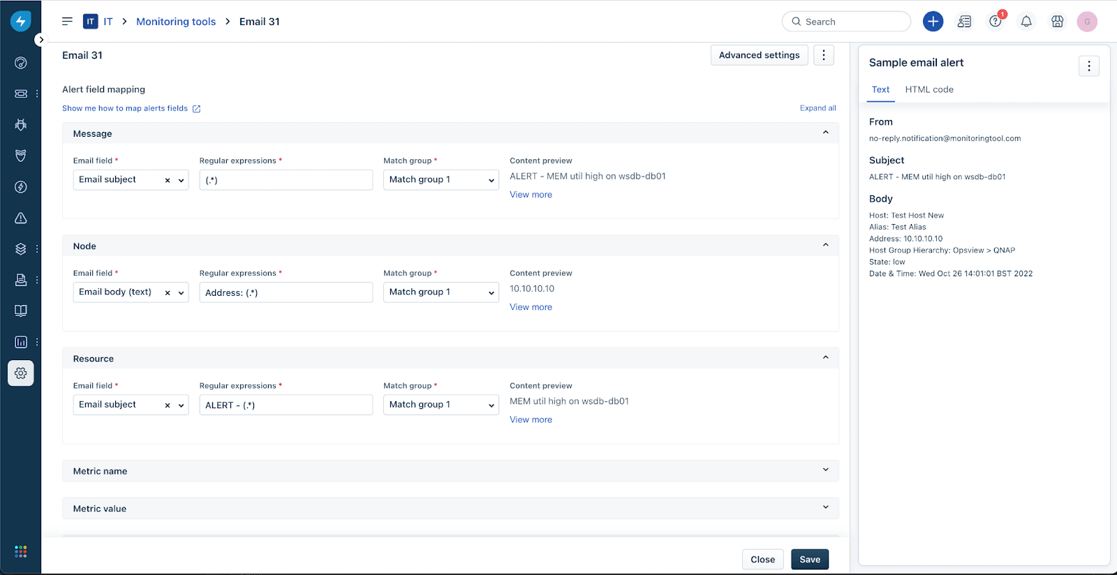 Verificación de regex de la alerta de correo electrónico en Freshservice