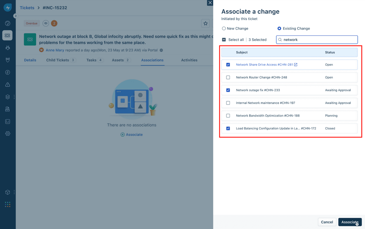 Asociaciones de Una a Muchas entre los módulos ITIL | Freshworks Freshservice