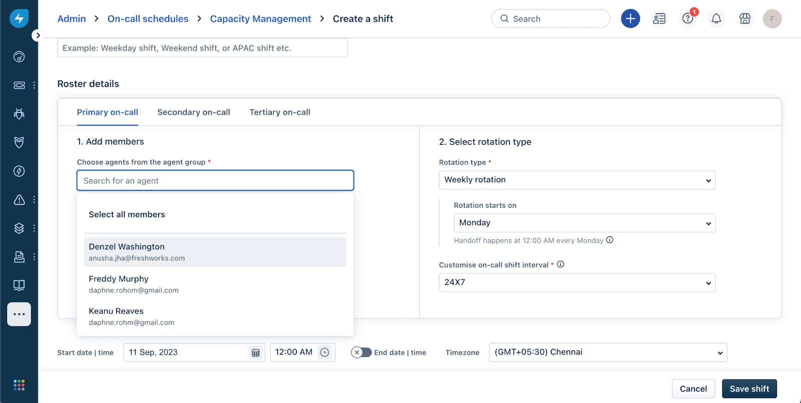 Creación simplificada de On-call shift | Freshworks Freshservice