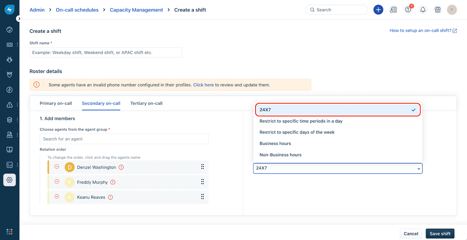 Creación simplificada de On-call shift | Freshworks Freshservice