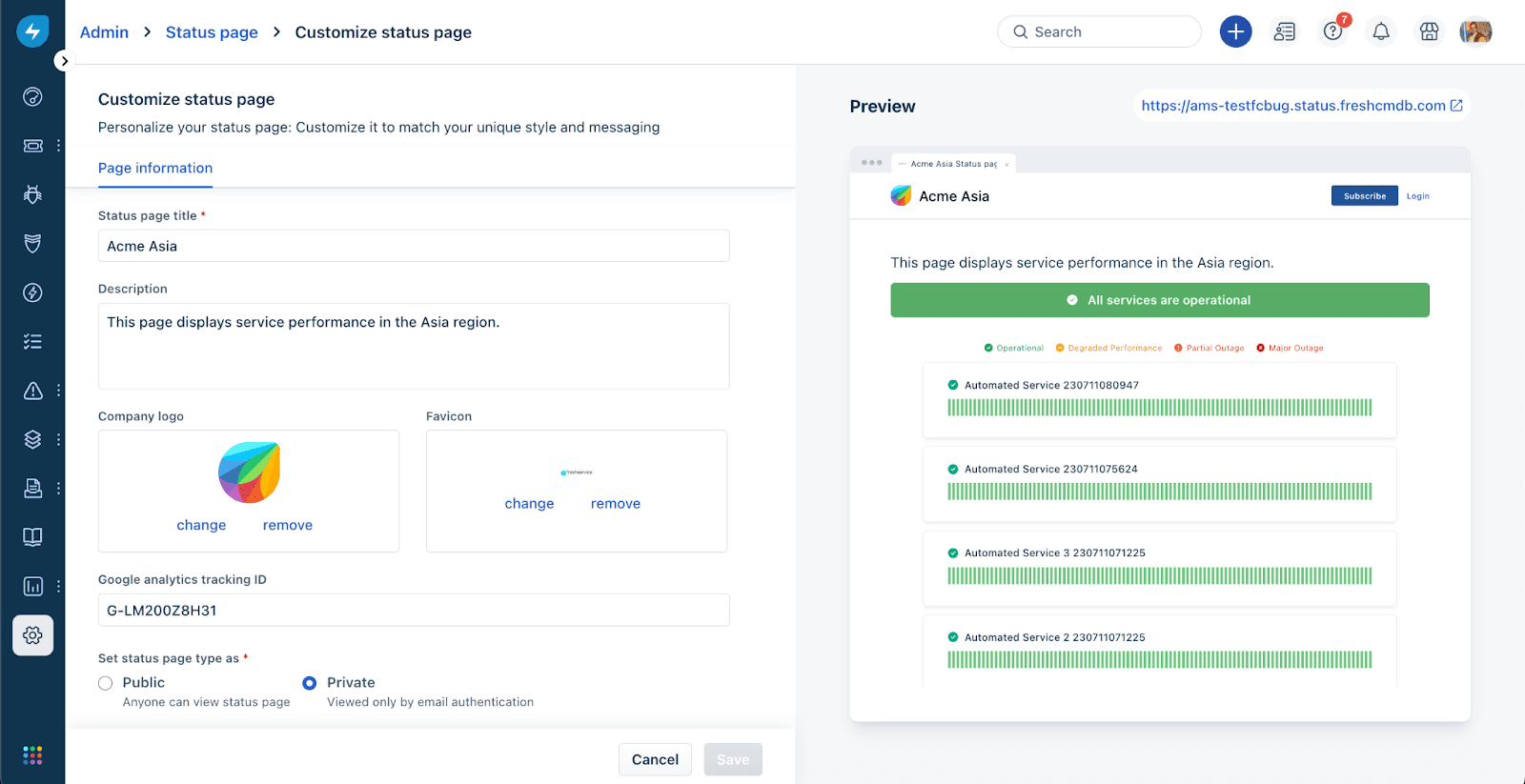 Personalizaciones y eliminación de la Página de Estado | Freshworks Freshservice